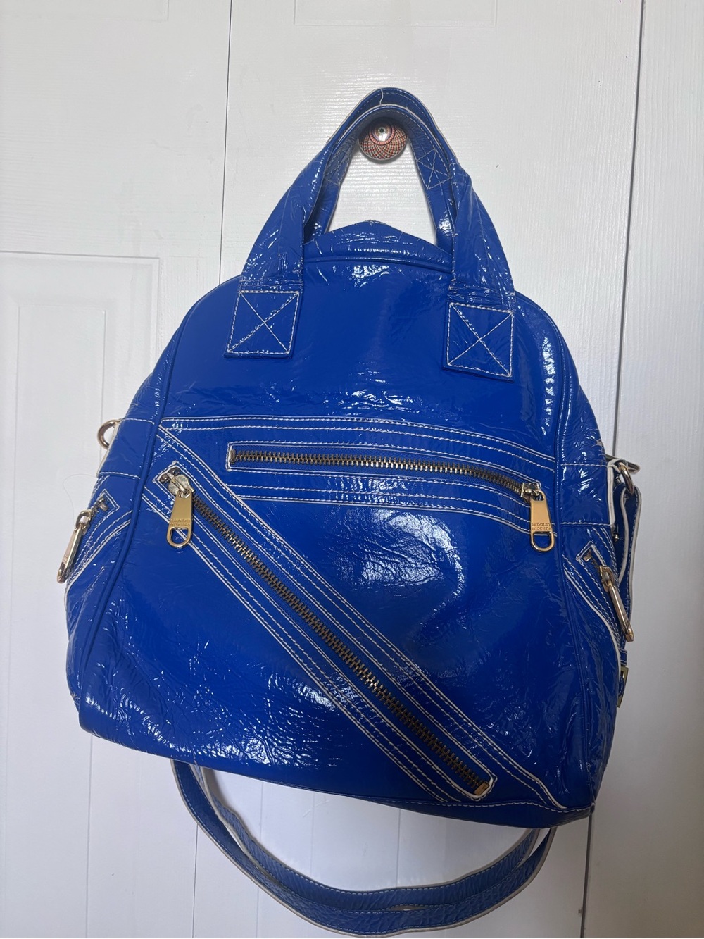 Badgley Mischka Patent Cobalt Blue Shoulder Bag with Gold Hardware